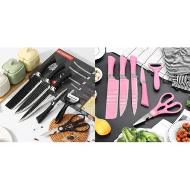 Imagem de Kit Facas de Cozinha Profissionais 6 Peças em Aço Inox + Tesoura – Antiaderente Ultra Afiado para Carnes, Pães e Legumes(aleatoria)