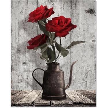 Imagem de Arte de parede em tela rosa vermelha: decoração de quarto emoldurada de flor preta e branca rústica - imagem de vaso vintage decoração de casa de fazenda arte impressa para sala de estar cozinha 40,6