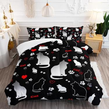 Imagem de XYNHML Jogo de cama com tema de gato kawaii, 3 peças, completo, preto, branco, para decoração de quarto de crianças, adolescentes, meninas, meninos, adultos, estampa de coração, com 1 edredom e 2