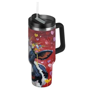 Imagem de ATTX Copo de vaca de 1,134 g com alça, copo de aço inoxidável a vácuo de parede dupla com palha, caneca de café isolada para viagem #377