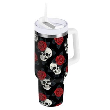 Imagem de SEHANY Copo de caveira e rosas de 1,18 l com alça, copo isolado de aço inoxidável a vácuo de parede dupla, à prova de vazamento, caneca de café isolada para viagem cabe no suporte de copo de carro