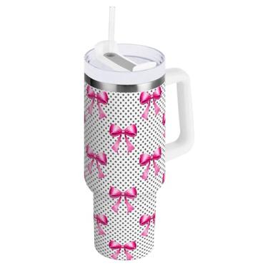 Imagem de SEHANY Copo fofo com laço rosa de 1,134 g com alça, copo isolado de aço inoxidável a vácuo de parede dupla, à prova de vazamento, caneca de café isolada para viagem cabe no suporte de copo de carro