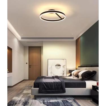 Imagem de Luminária de teto LED moderna, redonda, dimerizável (3000-6000K), com controle remoto. Ideal para corredor, escritório, quarto, cozinha e sala de estar. Iluminação inteligente (preta, 52cm).