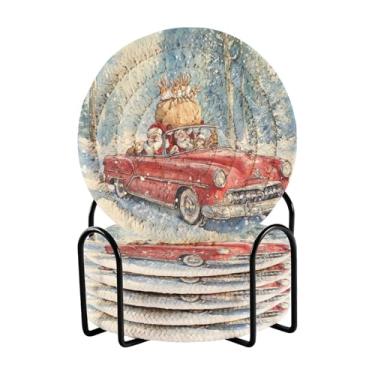 Imagem de Blueangle 6 peças de porta-copos de carro vermelho vintage para bebidas, porta-copos de tecido redondo super absorvente para mesa de café, proteção de mesa para decoração de casa (369)