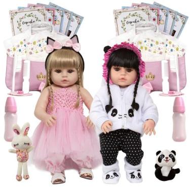 Imagem de Bebe Reborn Gêmeas Meninas Pandinha Coelhinha Kit Completo - Cegonha R