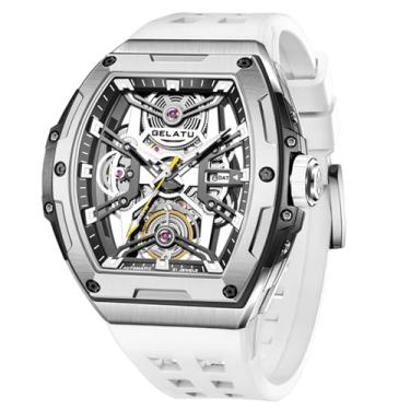 Imagem de OLEVS Relógio masculino automático com esqueleto de diamante, corda automática, mecânico, original, luxuoso, cristal de safira, à prova d'água, relógio de pulso masculino, G6012: pulseira branca e