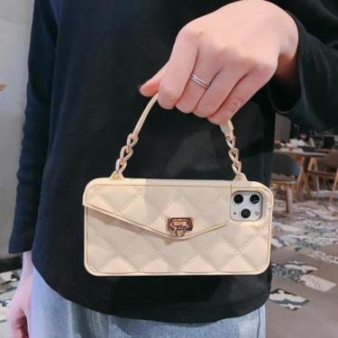 Imagem de HTVJFX Capa tipo carteira feminina de luxo para iPhone 13Promax, capa macia com bolso para cartão e alça de cordão (para iPhone 13Promax/branco-sujo)