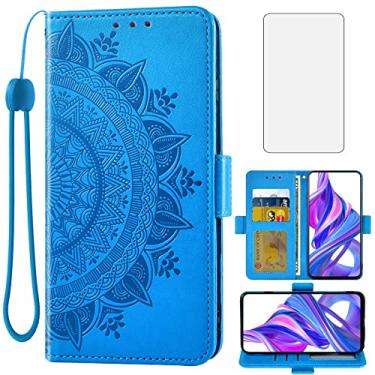 Imagem de Asuwish Capa carteira compatível com Huawei Y9s/Honor 9X Pro, protetor de tela de vidro temperado, porta-cartões, acessórios para alça de pulso, suporte para celular para Havaí P Smart Pro 2019 azul