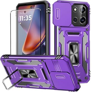Imagem de Aozuoton Capa para Moto G 2025 com protetor de tela e com capa para câmera, suporte rotativo de grau militar de 360° (resistente), proteção à prova de choque, capa para Moto G 2025 roxa
