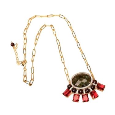 Imagem de DWBPGVUN Labradorite Gems Colar Granada Vermelha Pingente Pedra Preciosa Banhado a Ouro Presente Corrente