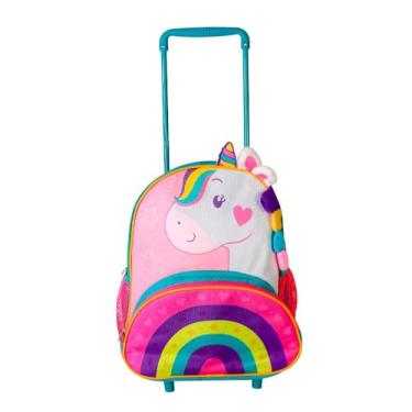 Imagem de Mochila Infantil Com Rodinhas Unicórnio Rosa Espaçosa Alça Ajustável Material Resistente Bolso Frontal Cores Vivas Design Lúdico e Confortável