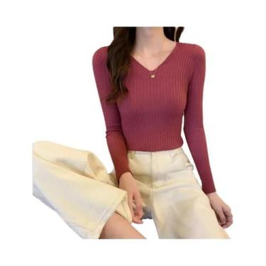 Imagem de Suéter Feminino De Tricô Gola V Slim Fit Manga Longa Cor Sólida Outono