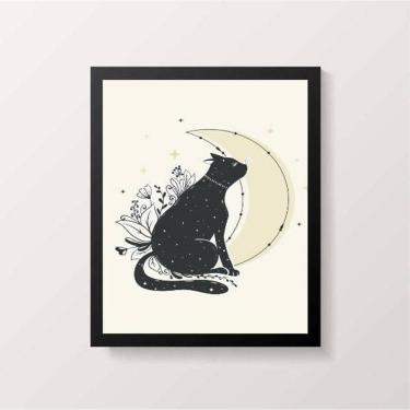 Imagem de Quadro Decorativo Gato Com Lua 45X34 Com Vidro Moldura Preta