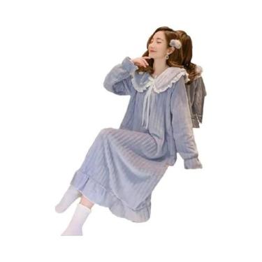 Imagem de Camisola Feminina De Flanela Grossa Cor Sólida Com Gola De Boneca Quen