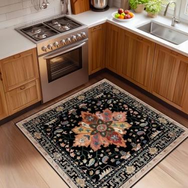 Imagem de RELEANY Tapetes quadrados de 1,2 m, lavável, antiderrapante, floral, vintage, estampado, medalhão, para sala de estar, quarto, sala de jantar, preto, colorido, floral, castanho-escuro