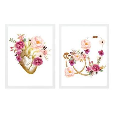 Imagem de Kit 2 Quadros Coração E Estetoscópio Floral 33X24Cm - Branca