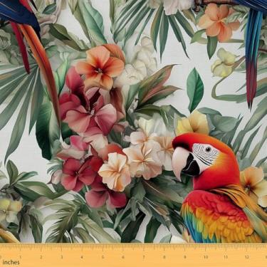Imagem de Tecido decorativo de flores da selva por jarda, pássaros papagaios tropicais ao ar livre DIY arte tecido impermeável, folhas de palmeira estofados botânicos e detalhes para casa, 2 metros, 182,9 cm C
