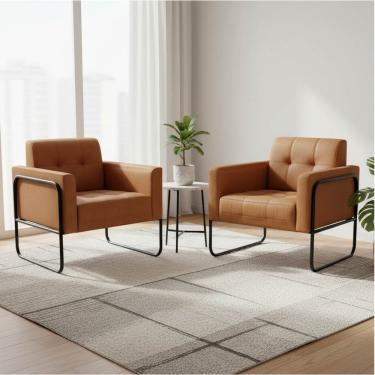 Imagem de Poltrona Sala Decorativa Kit 2 Elisa Base Tubular Alta Preta Sintético PU Whisky D03 - D'Rossi