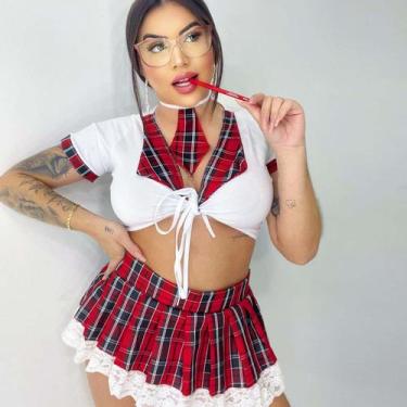 Imagem de Lingerie Sexy Cropped Renda MIni Saia Xadrez Sensual  - Like4you, Únic