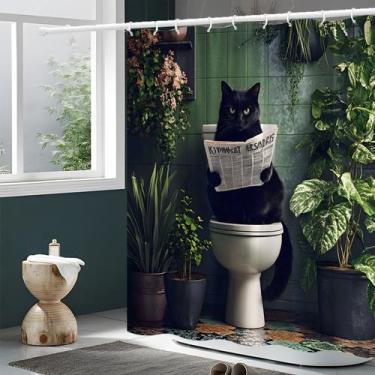 Imagem de Cortina de chuveiro Black Cat com azulejos verdes e design de plantas 