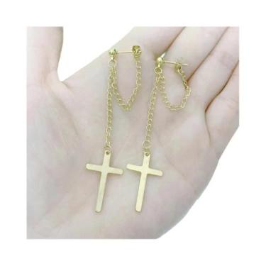 Imagem de Brincos Pendentes Cruz Prateada 2 Peças Punk Gótico Hip Hop Joias Long