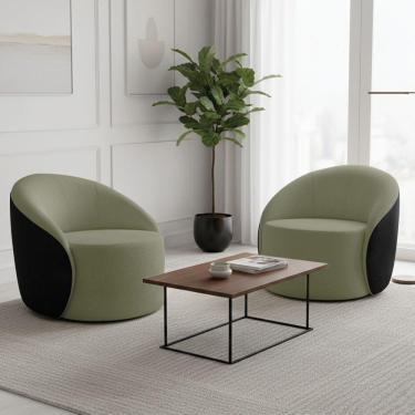 Imagem de Poltrona Sala Orgânica Kit 2 Lua Fixa Sintético Pu Preto/bouclê D03 - D'rossi Cor Pistache