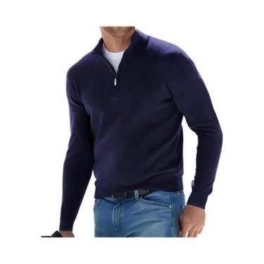 Imagem de Suéter Masculino Oversized De Tricô Com Gola V E Meio Zíper, Manga Lon