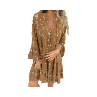 Imagem de Vestido Trompete Casual Feminino De Cor Pura Com Detalhes Em Renda E M