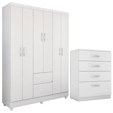 Imagem de Kit Guarda Roupa Solteiro Flash II 6 Portas de Bater 2 Gavetas MDP Branco com Cômoda Astral Demóbile