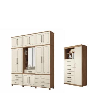 Imagem de Kit Guarda Roupa Casal e Cômoda Nancy 15 Portas de Bater 12 Gavetas MDP Jatobá Areia Casa H