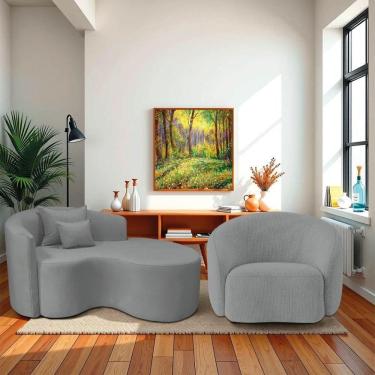 Imagem de Kit Recamier Curvo Sala De Estar 150cm Lado Direito E Poltrona Orgânica Luxo Amore Bouclé Cinza