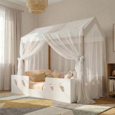Imagem de Cama Casinha Montessoriana Isa Mdf + Voal Mosquiteiro Dossel para Quarto Infantil - Branco