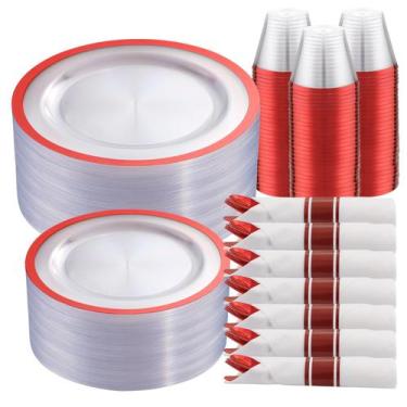 Imagem de Conjunto de louças I00000 210 peças de plástico vermelho com talheres