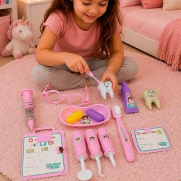 Imagem de Kit Brinquedo Infantil Dentista Médica 14 Peças com Acessórios Plástico Rosa
