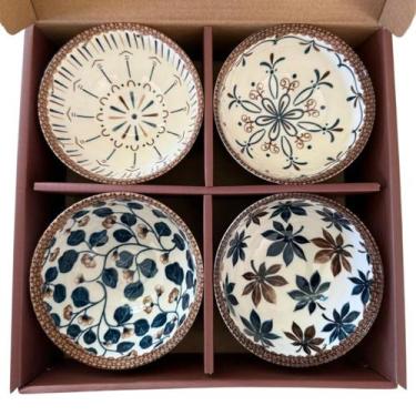 Imagem de Kit bowl 4 peças ceramica floral 11x6,5cm marrom/azul karimo