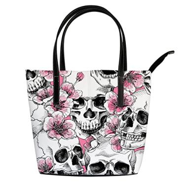 Imagem de Bolsa de ombro para mulheres com flores de caveira rosa, bolsa de trabalho grande casual