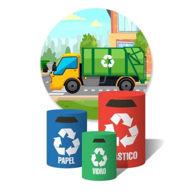 Imagem de Trio De Capa Cilíndricas + Painel Sublimado c/ Elástico Caminhão de Lixo Reciclável