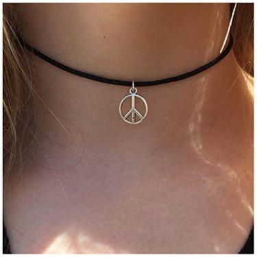 Imagem de TseanYi Colar Gargantilha Peace Boho Curto de Couro Joia Corrente Skinny Hippie Colares Joias para Mulheres