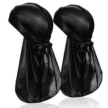 Imagem de Pacote de 2 peças Durag sedoso para homens e mulheres, faixa de cabeça de cetim premium com cauda longa para 360 ondas