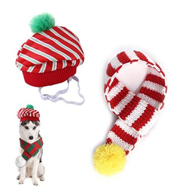 Imagem de Yajun Conjunto de chapéu de cachecol de malha para cães bonés quentes de inverno para cães pequenos médios gatos chapéu gorro ajustável com pompons, vermelho, P (carfo: 40cm)