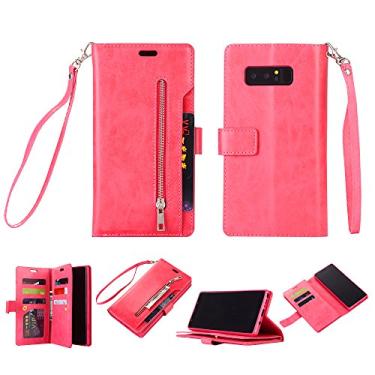 Imagem de Capa para Samsung Galaxy Note 8, carteira de couro PU, capa flip com zíper, bolso e compartimentos para cartões, fecho magnético, capa protetora à prova de choque com alça de pulso para Samsung Galaxy Note 8 (rosa vermelha)