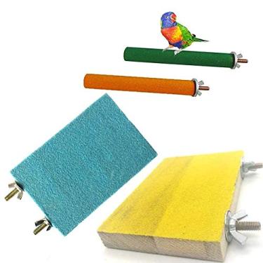 Imagem de 4 peças suporte de poleiro de pássaro brinquedo papagaio suporte de madeira plataforma colorida areia pata de moagem bico para pequeno periquito médio cacatua conure Lovebird acessórios para gaiola de tentilhão