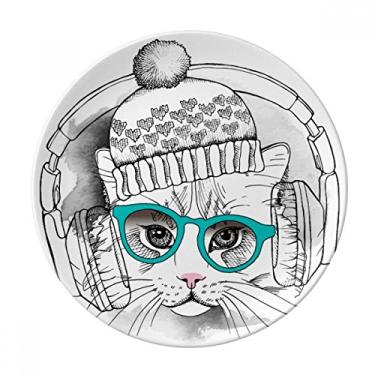 Imagem de Fone de ouvido chapéu de lã branco protetor de gato prato decorativo de porcelana salver talheres, prato de jantar