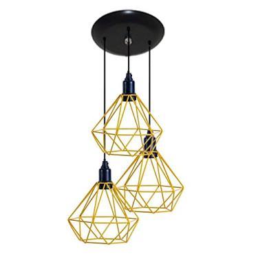Imagem de Lustres Luminaria Aramado Triplo modelo Diamante - 03 Juntos Na Mesma Canopla - Ideal para mesa de Jantar, Sala, Quarto (Amarelo)