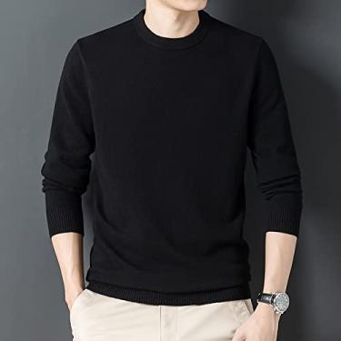 Imagem de Suéter masculino de cashmere com gola redonda, camiseta de malha 100% cashmere, suéter masculino básico de gola redonda, pulôver de manga longa quente regular fit (Color : Black, Size : 170)