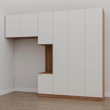 Imagem de Guarda Roupa Modulado de Solteiro com Mesa de Cabeceira Direita 7 Portas 3 Peças Hera Cabecasa Madei Louro/branco Geada/cromado