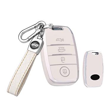Imagem de HIBEYO Capa de chaveiro de 4 botões compatível com Kia Soul Carnival Sedona NIRO Sorento Sportage Rio Forte Optima Cerato Koup Suporte inteligente de TPU para Kia Accessoreis com chaveiros de couro -