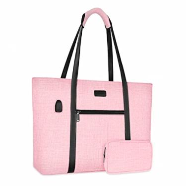 Imagem de MOSISO Bolsa feminina com porta USB para laptop, compatível com MacBook, notebook e Chromebook de 17 a 17,3 polegadas, organizador leve, pasta de negócios para viagem de trabalho com bolsa pequena, rosa