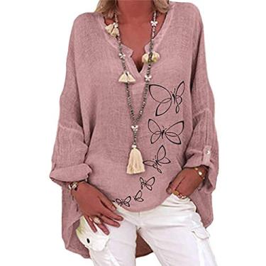 Imagem de Lainuyoah Camisas de linho para mulheres plus size algodão linho solto casual trabalho blusa manga comprida gola V estampa moderna, rosa, M