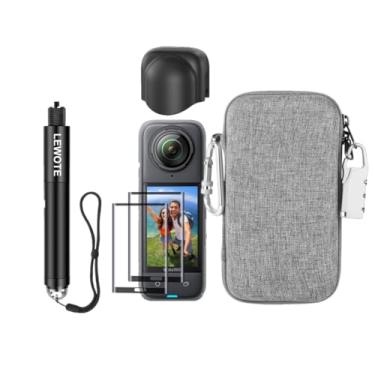 Imagem de LEWOTE Kit de acessórios 7 em 1 compatível com Insta360 X4 [tampa de lente de silicone][bastão de selfie extensível][2 películas protetoras de tela][bolsa de transporte com mosquetão e trava
